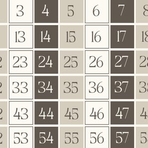 May include: A brown and white grid with numbers 3 through 57 in white text. The numbers are arranged in rows of six, with the first row starting with 3 and the last row ending with 57.