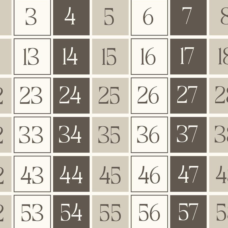 May include: A brown and white grid with numbers 3 through 57 in white text. The numbers are arranged in rows of six, with the first row starting with 3 and the last row ending with 57.