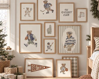 Sports Print Set, 50 Vintage Athletic Wall Art for Boys Room Decor