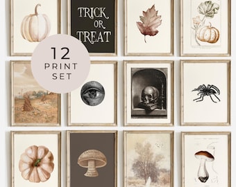 May include: A set of twelve framed Halloween-themed prints. The prints feature pumpkins, leaves, a skull, an eye, and the words "Trick or Treat." The prints are in neutral tones with a vintage aesthetic.