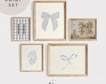 Blue Bow Prints Nursery Set of 5 Wall Art Poster Powder Blue Coquette Bow Cottagecore Girls Room Decor Trendy Nursery Art Print Playroom Art