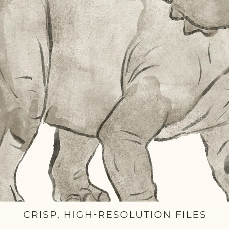 May include: Watercolor illustration of a rhinoceros in shades of gray and brown. The artwork depicts the rhino's body and legs, with visible brushstrokes and a textured appearance. The text "CRISP, HIGH-RESOLUTION FILES" is at the bottom.