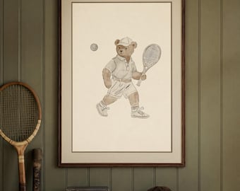 Vintage Tennis Teddy Bear Boy Nursery Wall Art Print Preppy Old Money Sports Boy Room Decor Athletic Printable Digital Download Kids Art