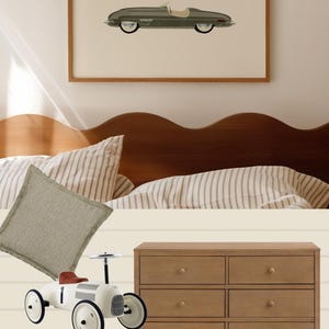 May include: A framed print of a green vintage car hangs above a bed with striped bedding. A beige cushion and a white and red toy car are in front of a wooden chest of drawers. The colour scheme includes beige, brown, and white.