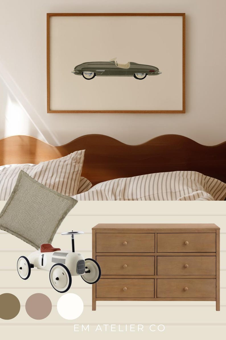 May include: A framed print of a green vintage car hangs above a bed with striped bedding. A beige cushion and a white and red toy car are in front of a wooden chest of drawers. The colour scheme includes beige, brown, and white.