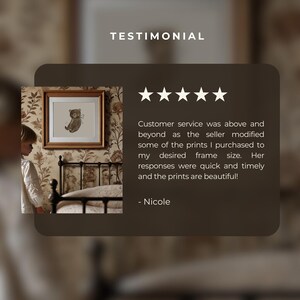 May include: A testimonial with five stars and a quote about excellent customer service. The quote reads: "Customer service was above and beyond as the seller modified some of the prints I purchased to my desired frame size. Her responses were quick and timely and the prints are beautiful! - Nicole"
