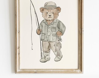 Teddy Bear Fishing Nursery Decor Printable Kids Room Wall Art Cute Bear Fisherman Illustration Nursery Gone Fishing Poster Camping Boy Room