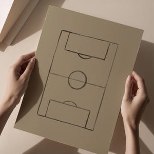 May include: A tan-colored print of a soccer field diagram, held by hands. The field is outlined in black, with the goal areas, center circle, and center line clearly marked. The paper has a matte finish.
