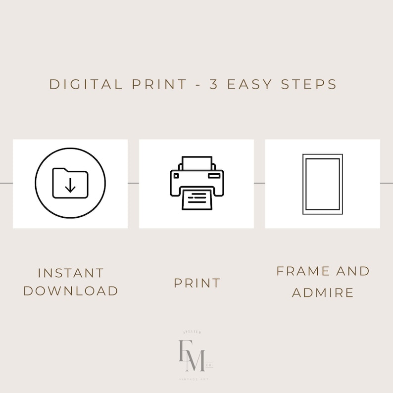 May include: Three steps to print a digital download: download the file, print it, and frame it.  The image shows icons for each step.