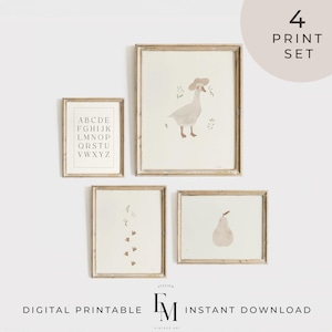 Juego de 4 impresiones de arte de pared de Silly Goose Gallery, con diseño de ganso infantil, decoración de granja beige, impresiones de pared de pato de acuarela boho, decoración de habitación de bebé con animales de granja
