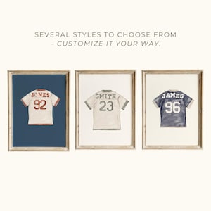 May include: Three framed prints of watercolor-style jerseys. The jerseys are white, grey, and navy blue, each with a different name and number. The text at the top says "SEVERAL STYLES TO CHOOSE FROM - CUSTOMIZE IT YOUR WAY."