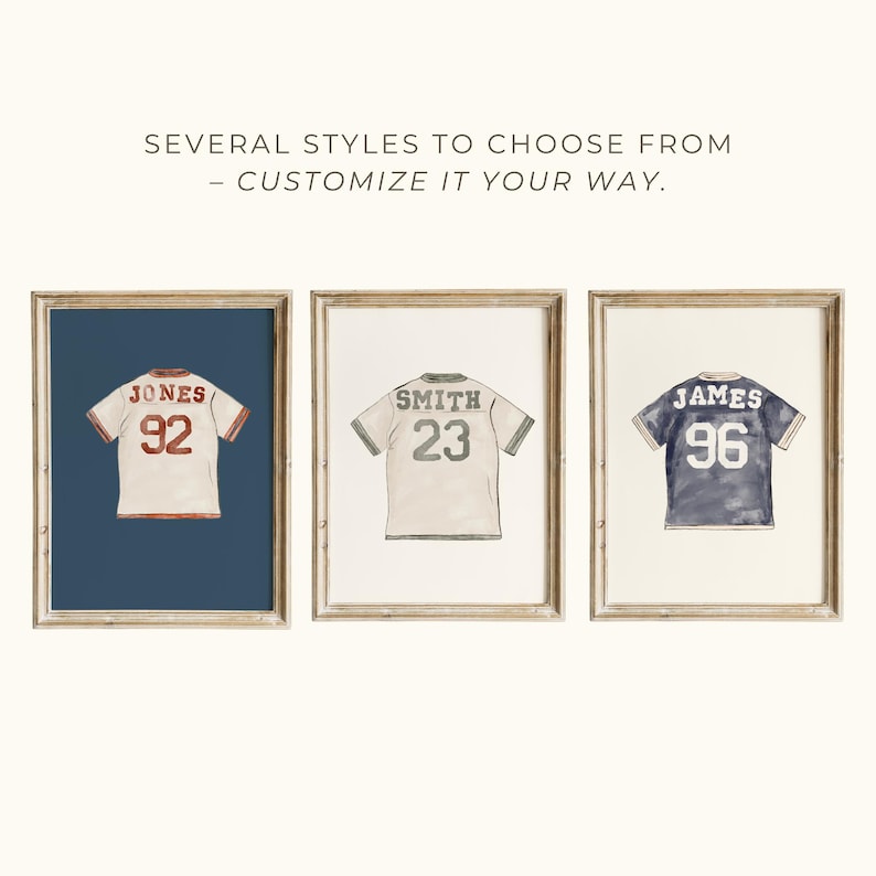 May include: Three framed prints of watercolor-style jerseys. The jerseys are white, grey, and navy blue, each with a different name and number. The text at the top says "SEVERAL STYLES TO CHOOSE FROM - CUSTOMIZE IT YOUR WAY."