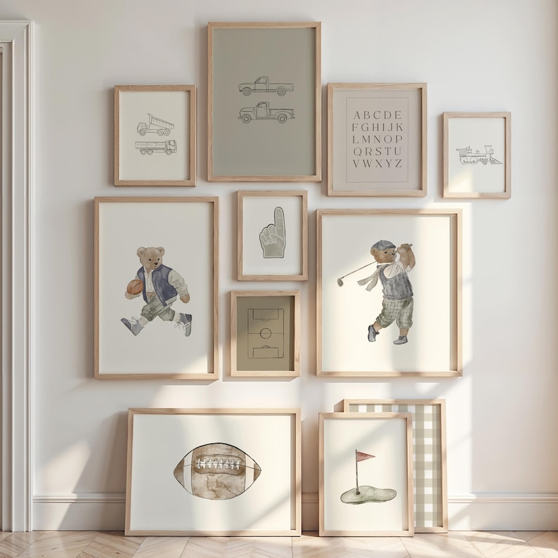 Vintage sports gallery wall set of 25 prints for boys' room decor