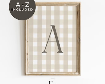 Beige Initial Print Gingham Nursery Art Personalized Initial Wall Decor Gender Neutral Baby Nursery Decor Cottagecore Toddler Room Monogram