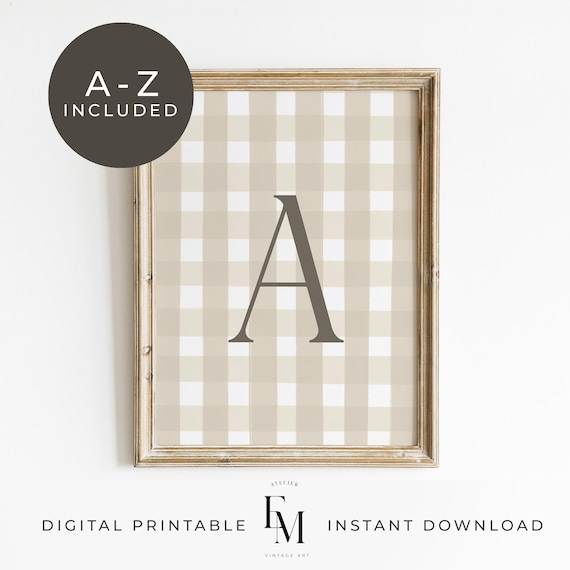 Beige Initial Print Gingham Nursery Art Personalized Initial Wall Decor Gender Neutral Baby Nursery Decor Cottagecore Toddler Room Monogram