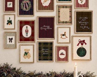 Holiday Gallery Wall, 20-Print Vintage Tartan Christmas Set Digital Download