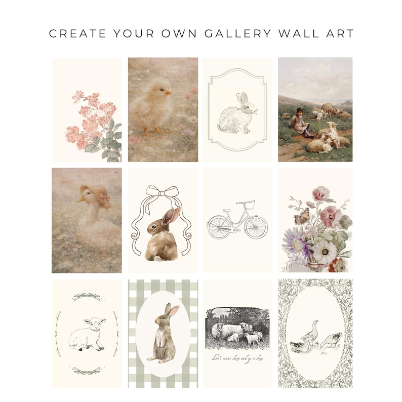 May include: A selection of twelve art prints with a vintage style. The prints depict illustrations of flowers, animals, and rural scenes. The text "CREATE YOUR OWN GALLERY WALL ART" is at the top of the image.