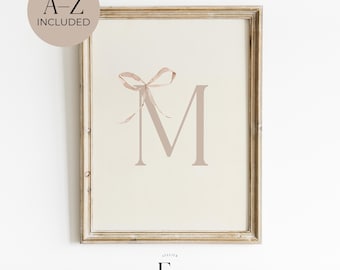 Girl Initial Print Pink Bow Nursery Art Personalized Girl Initial Wall Decor Baby Girls Nursery Decor Vintage Style Girls Room Monogram Bow