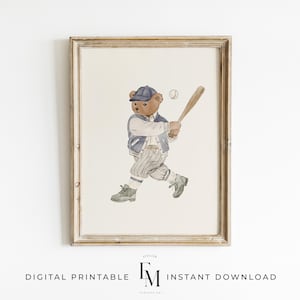 Baseball Art Print Boy Room Wall Art Vintage Sport Nursery Art Print Teddy Bear Baseball Vintage Boys Sports Room Bear Nursery Picture Boys