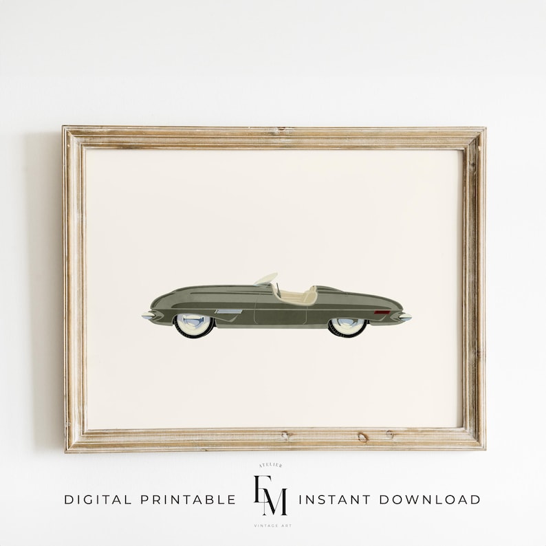 Vintage car wall art in sage green for charming boys’ room decor