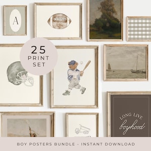 Boy Gallery Wall Set of 25 Sports Print Muted Tones Room Decor Vintage Green Baby Boy Nursery Print Set Big Boy Room Art Boy Playroom Decor