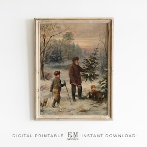 Santa Claus Poster Winter Forest Print Vintage Christmas Decor Antique Oil Paint Cozy Christmas Wall Art Cottage Holiday Decor Living Room
