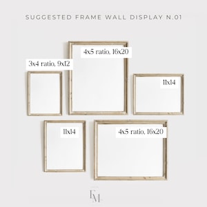 May include: A suggested frame wall display with four frames in a light wood finish. The frames are arranged in a staggered pattern. The frames are labeled with their dimensions: 4x5 ratio, 16x20, 3x4 ratio, 9x12, and 11x14.