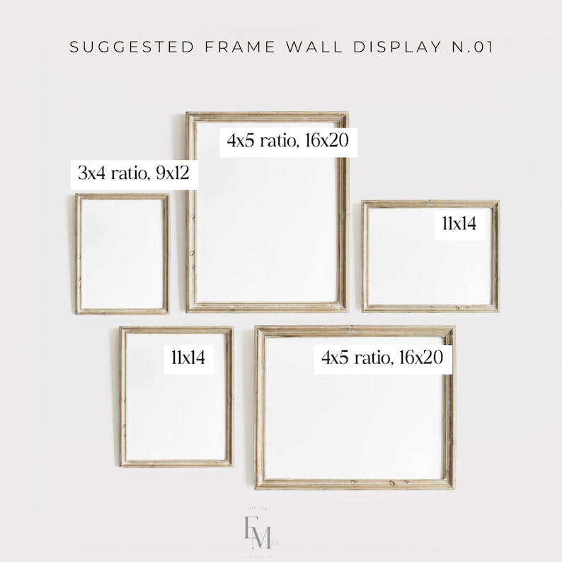 May include: A suggested frame wall display with four frames in a light wood finish. The frames are arranged in a staggered pattern. The frames are labeled with their dimensions: 4x5 ratio, 16x20, 3x4 ratio, 9x12, and 11x14.
