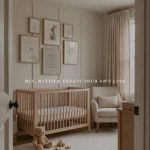 May include: A light wood crib with vertical slats, a beige armchair with a matching pillow, and a gallery wall featuring six framed prints of animals and letters. The text MIX, MATCH & CREATE YOUR OWN LOOK is centered over the crib.
