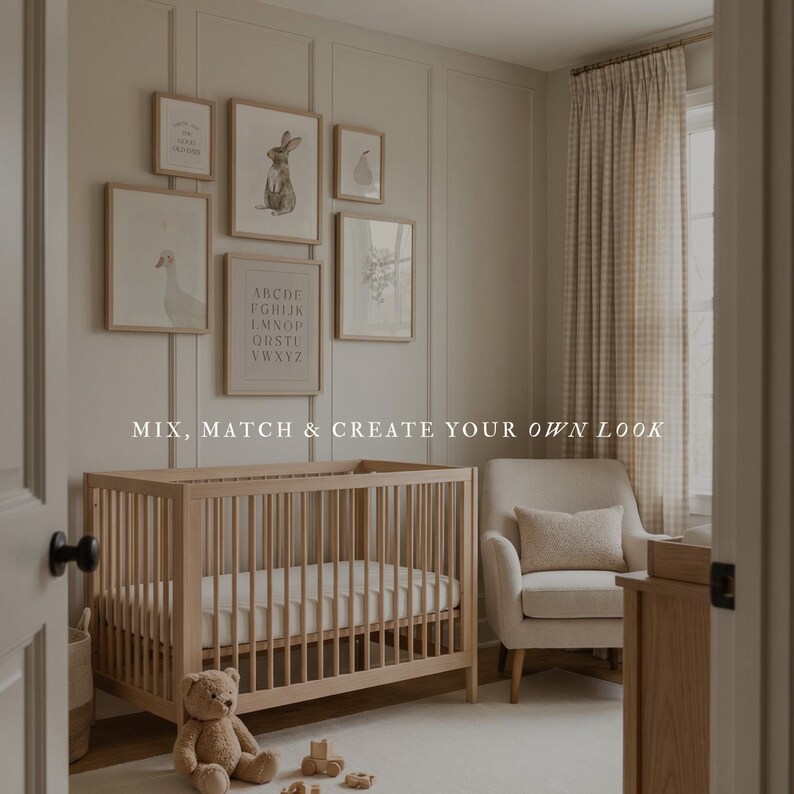 May include: A light wood crib with vertical slats, a beige armchair with a matching pillow, and a gallery wall featuring six framed prints of animals and letters. The text MIX, MATCH & CREATE YOUR OWN LOOK is centered over the crib.