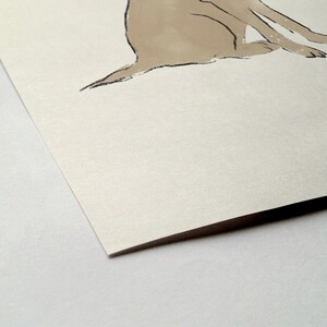 May include: A simple line drawing of a dog sitting on a white background. The dog is drawn in shades of brown and black.