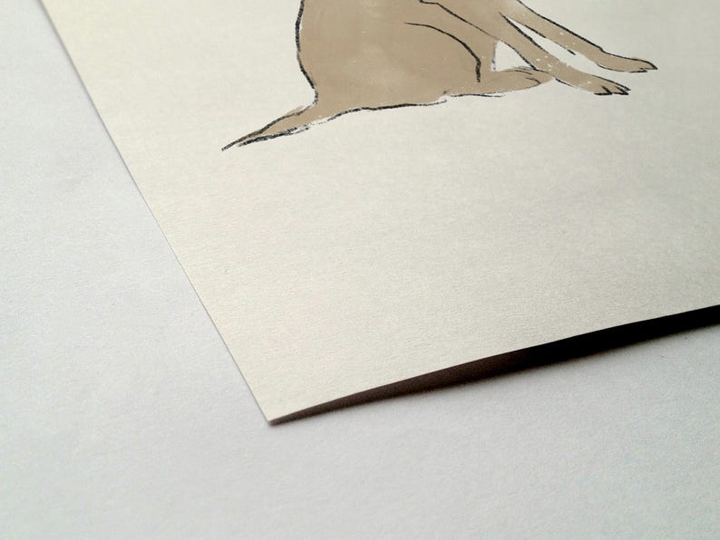 May include: A simple line drawing of a dog sitting on a white background. The dog is drawn in shades of brown and black.