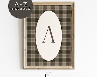 Moody Green Initial Print Gingham Nursery Art Personalized Initial Wall Decor Timeless Baby Nursery Decor Cottagecore Toddler Room Monogram