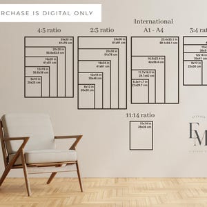 May include: A wall display showing different aspect ratios and sizes for digital art prints. Includes 4:5, 2:3, 3:4, 11:14, and international A1-A4 sizes, with measurements in inches and cm. The text "THIS PURCHASE IS DIGITAL ONLY" is at the top.