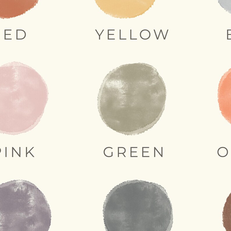 Puede incluir: Un gr&aacute;fico con c&iacute;rculos de acuarela en diferentes colores, incluyendo rojo, amarillo, verde, rosa, gris y naranja. Los colores est&aacute;n etiquetados debajo de cada c&iacute;rculo.