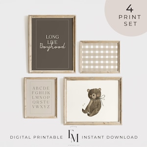 Teddy Bear Printable Gallery Wall Art Set of 4 Long Live Boyhood Print Boy Decor Nursery Farmhouse Decor Muted Tones Kids Poster Bear Print