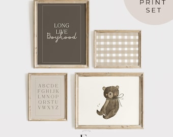 Teddy Bear Printable Gallery Wall Art Set of 4 Long Live Boyhood Print Boy Decor Nursery Farmhouse Decor Muted Tones Kids Poster Bear Print