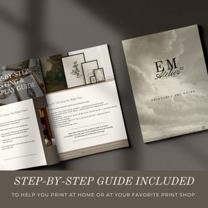 May include: A step-by-step printing and display guide with the text "EM Atelier" on the cover. The guide includes information on choosing the right paper and size for art prints. The guide is designed to help people print art at home.