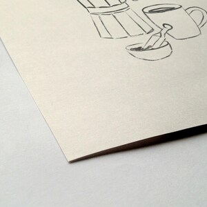 May include: A black and white line drawing of a coffee pot pouring coffee into a cup. The coffee pot has a handle and a spout. The cup has a handle and a small amount of coffee inside. There is also a small bowl with a spoon in it.