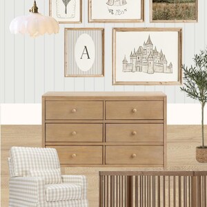 May include: A nursery interior with a light wood dresser, crib, and a beige and white checked armchair. Framed prints of a castle, a queen, and a field adorn the wall. A decorative light fixture hangs from the ceiling. The colour scheme is neutral with warm tones.