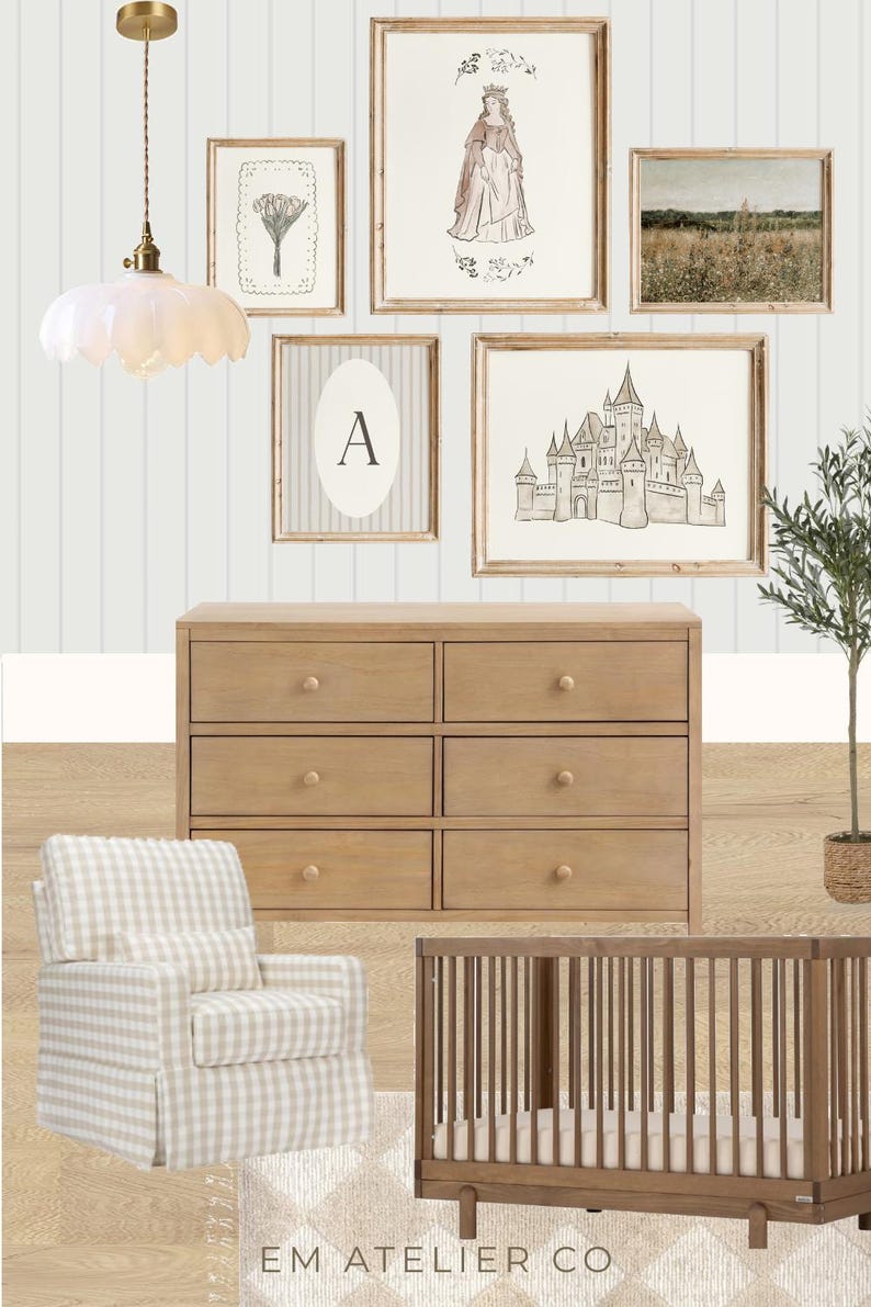 May include: A nursery interior with a light wood dresser, crib, and a beige and white checked armchair. Framed prints of a castle, a queen, and a field adorn the wall. A decorative light fixture hangs from the ceiling. The colour scheme is neutral with warm tones.