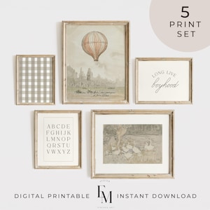 Hot Air Balloon Vintage Gallery Wall Art Boy Nursery Wall Set of 5 Boy Room Print Set Adventure Nursery Long Live Boyhood Quote Goose Print