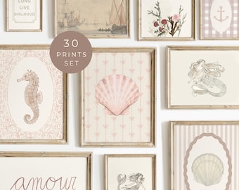 Coastal Mermaid Playroom Wall Art Set of 30 Pink Girl Nursery Prints Seahorse Whimsical Ocean Decor Artwork Printable Digital Download
