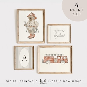 May include: A set of four framed prints. One print features a firefighter bear holding a hose. Another print has the text "LONG LIVE boyhood". The third print has the letter "A". The fourth print is a red fire engine. The prints are in a neutral colour palette.