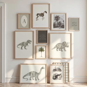 Op de afbeelding: Een verzameling ingelijste kunstprints in verschillende formaten, met botanische illustraties, dinosaurus tekeningen en een paardenskelet. De lijsten zijn van licht hout en de prints zijn in neutrale tinten.