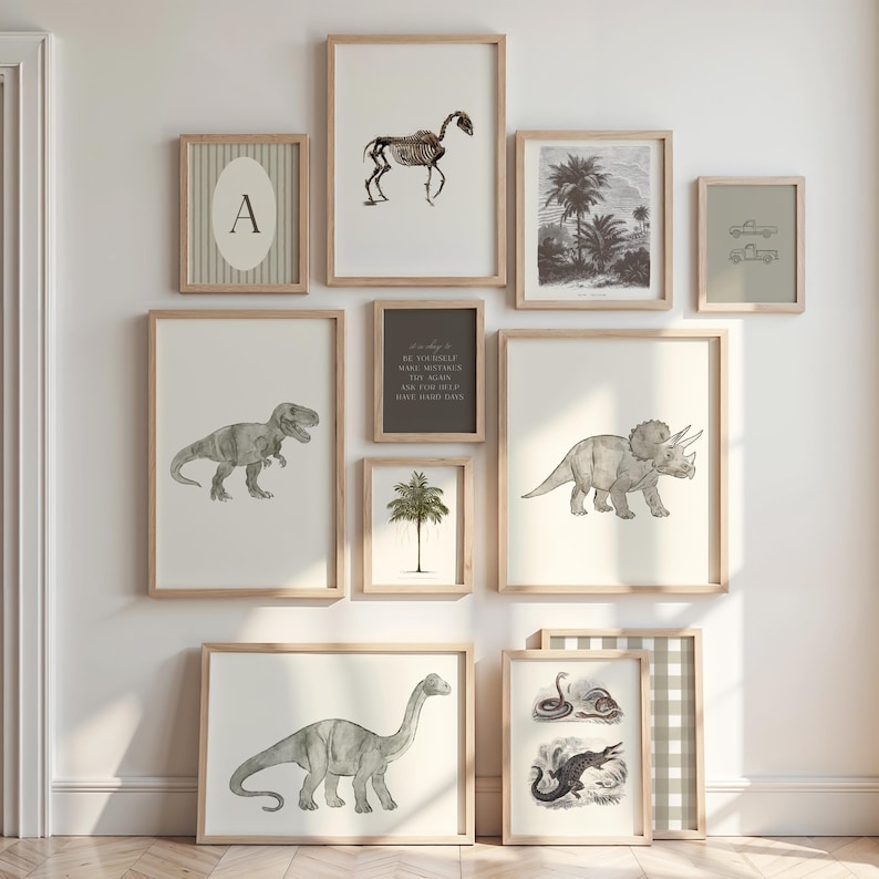 Muted dinosaur posters inspiring curiosity and learning in kids’ spaces