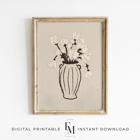 Flower Vase Painting Abstract Flower Paint Neutral Contemporary Still Life Art Print Floral Art Print Minimalist Art Black Vase Flower Print