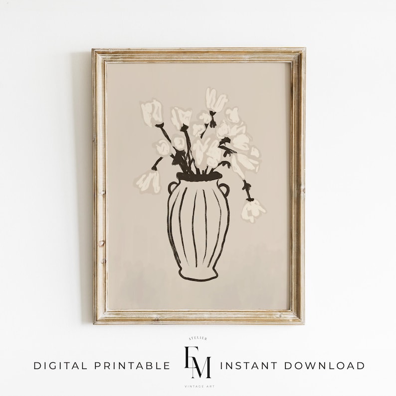 Abstract Flower Painting with Black Vase and Neutral Tones.