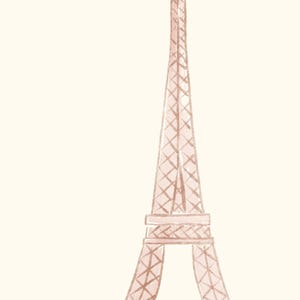 May include: Watercolor illustration of the Eiffel Tower in a soft, muted pink hue. The iconic Parisian landmark is depicted with delicate cross-hatching details against a cream-colored background. The artwork evokes a sense of travel and romance.