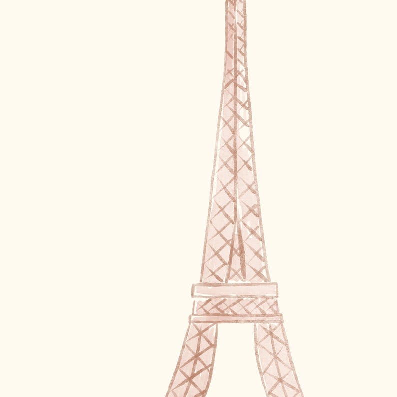 May include: Watercolor illustration of the Eiffel Tower in a soft, muted pink hue. The iconic Parisian landmark is depicted with delicate cross-hatching details against a cream-colored background. The artwork evokes a sense of travel and romance.